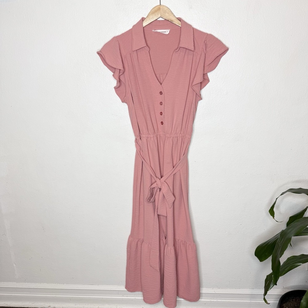 Lucky Brand Pink Cap Sleeve Shirt Midi Dress Womens Small Tie Collared‎ Feminine